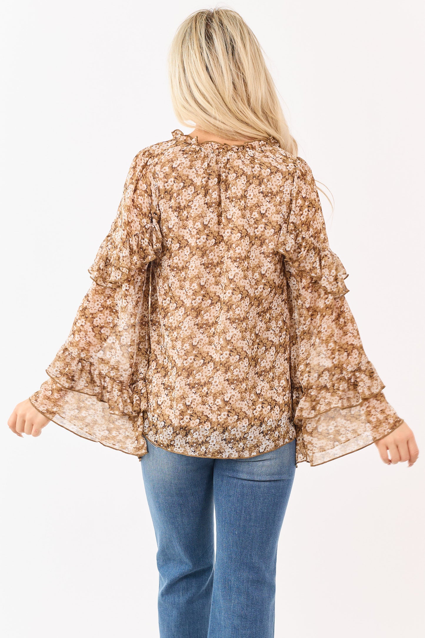 Desert Floral Long Bell Sleeve Ruffle Trim Blouse