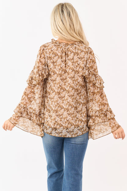 Desert Floral Long Bell Sleeve Ruffle Trim Blouse