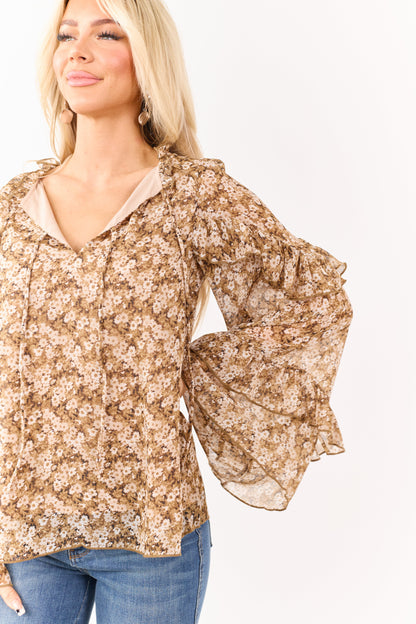 Desert Floral Long Bell Sleeve Ruffle Trim Blouse