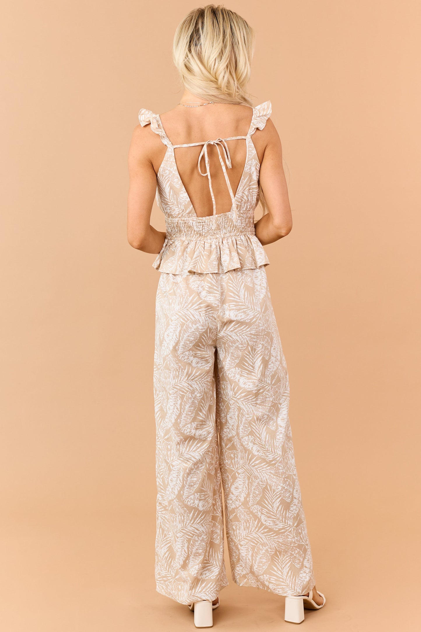 Desert Leaf Print Smocked Peplum Waist Jumpsuit