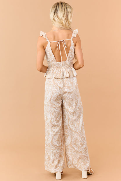 Desert Leaf Print Smocked Peplum Waist Jumpsuit