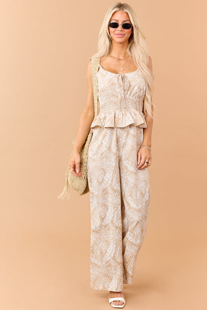 Desert Leaf Print Smocked Peplum Waist Jumpsuit