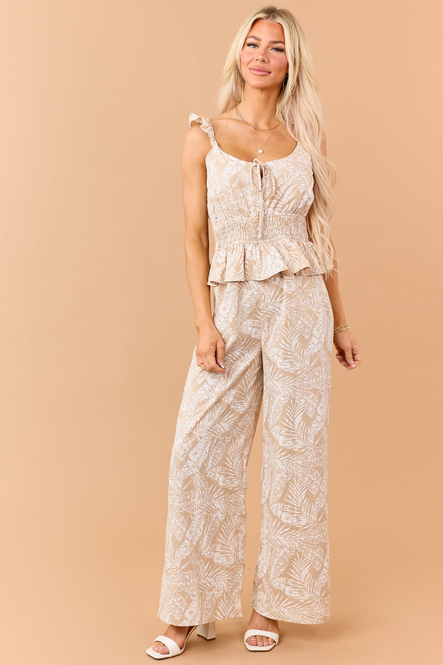 Desert Leaf Print Smocked Peplum Waist Jumpsuit