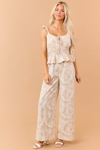Desert Leaf Print Smocked Peplum Waist Jumpsuit