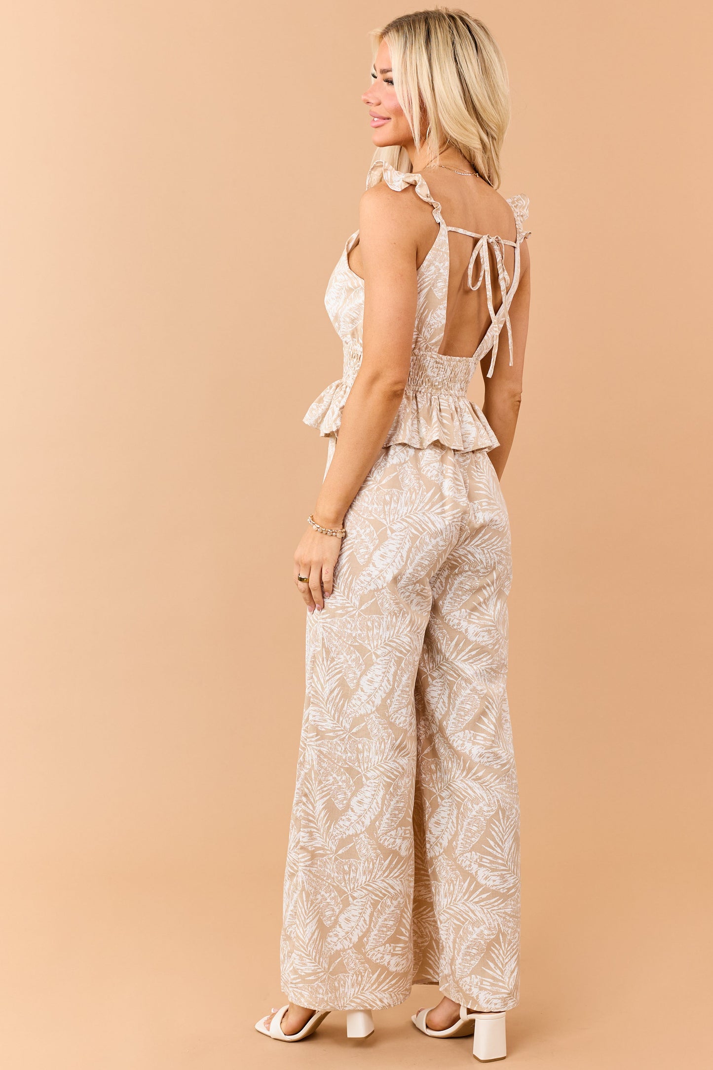Desert Leaf Print Smocked Peplum Waist Jumpsuit