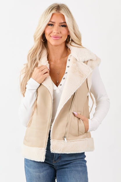 Desert Sand Faux Leather Side Zip Up Collared Vest