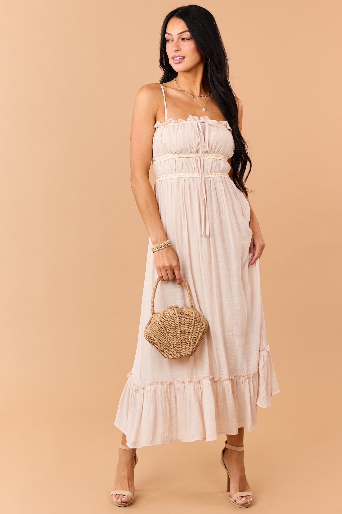 Desert Sand Lace Trim Sleeveless Maxi Dress
