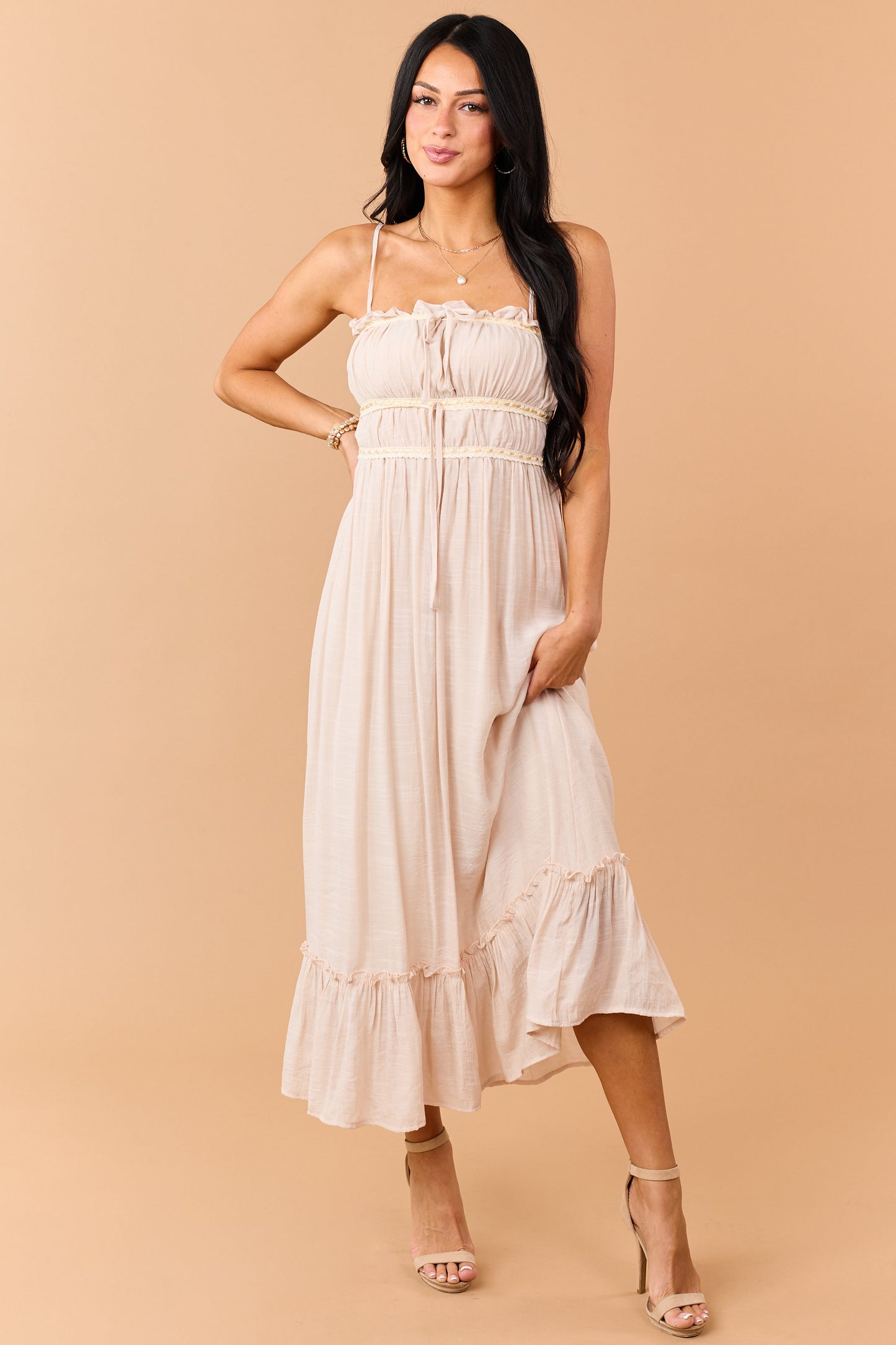 Desert Sand Lace Trim Sleeveless Maxi Dress