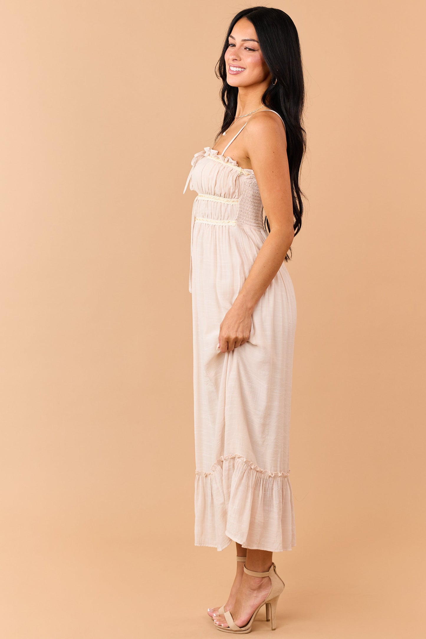 Desert Sand Lace Trim Sleeveless Maxi Dress