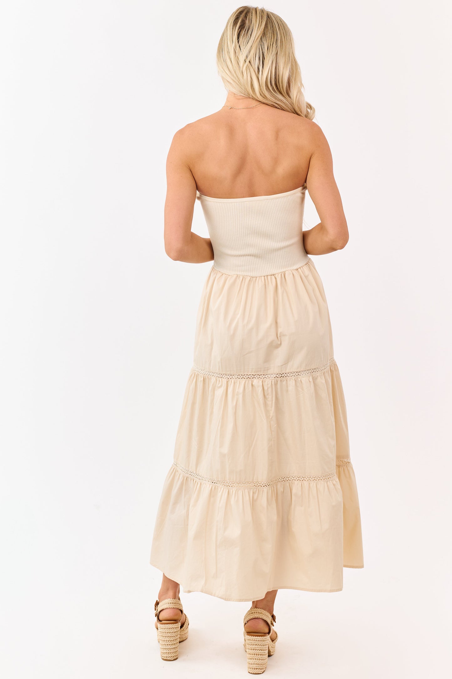 Desert Sand Rib Knit Bodice Tiered Midi Dress