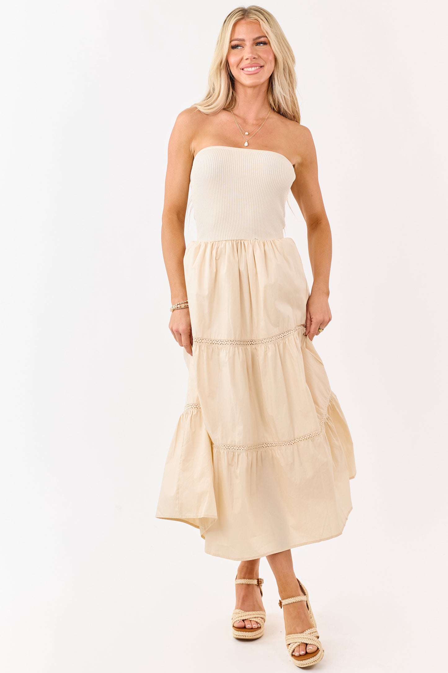 Desert Sand Rib Knit Bodice Tiered Midi Dress
