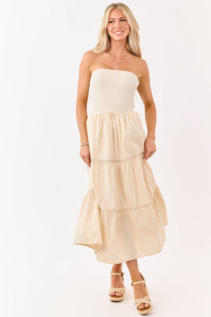 Desert Sand Rib Knit Bodice Tiered Midi Dress