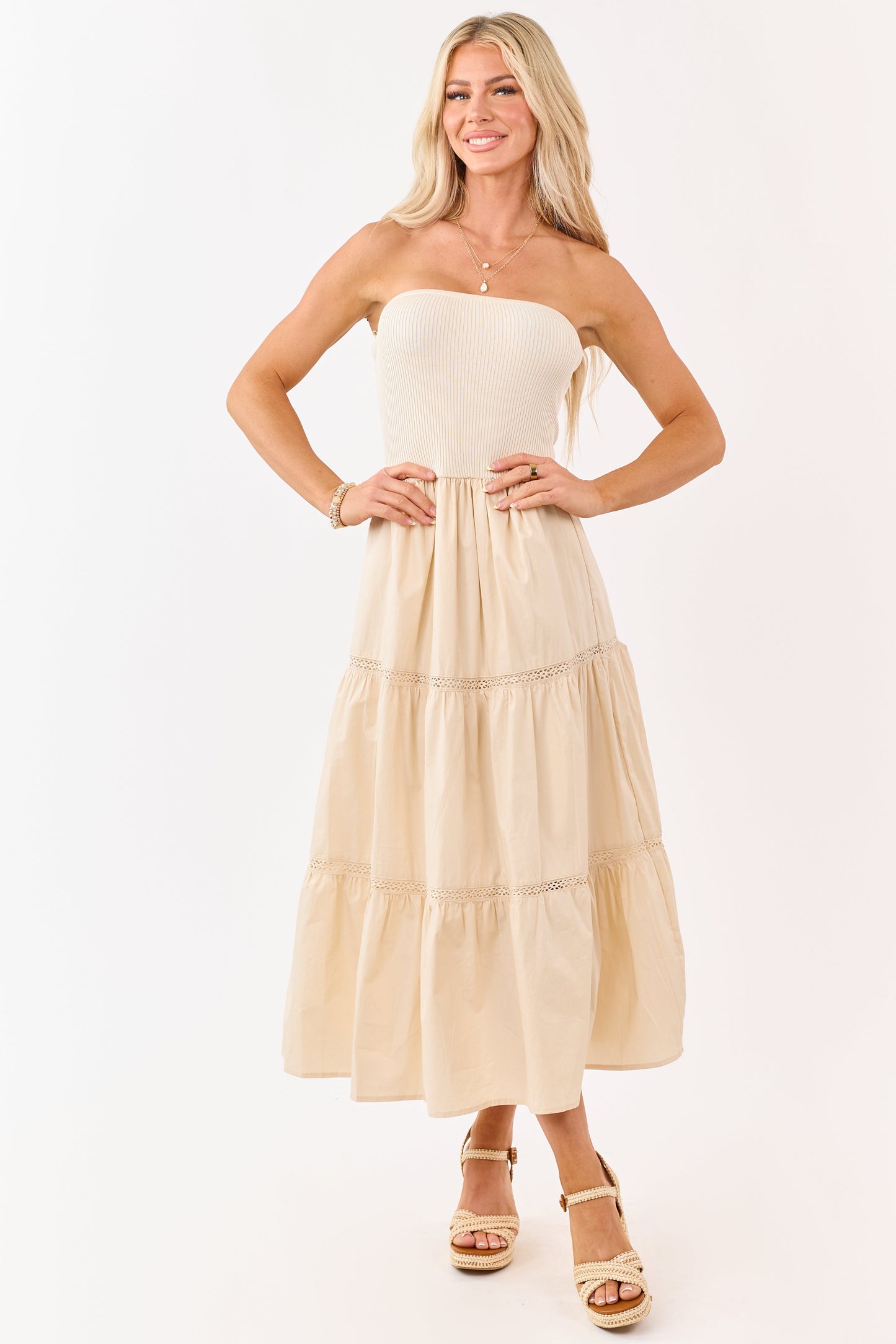 Desert Sand Rib Knit Bodice Tiered Midi Dress