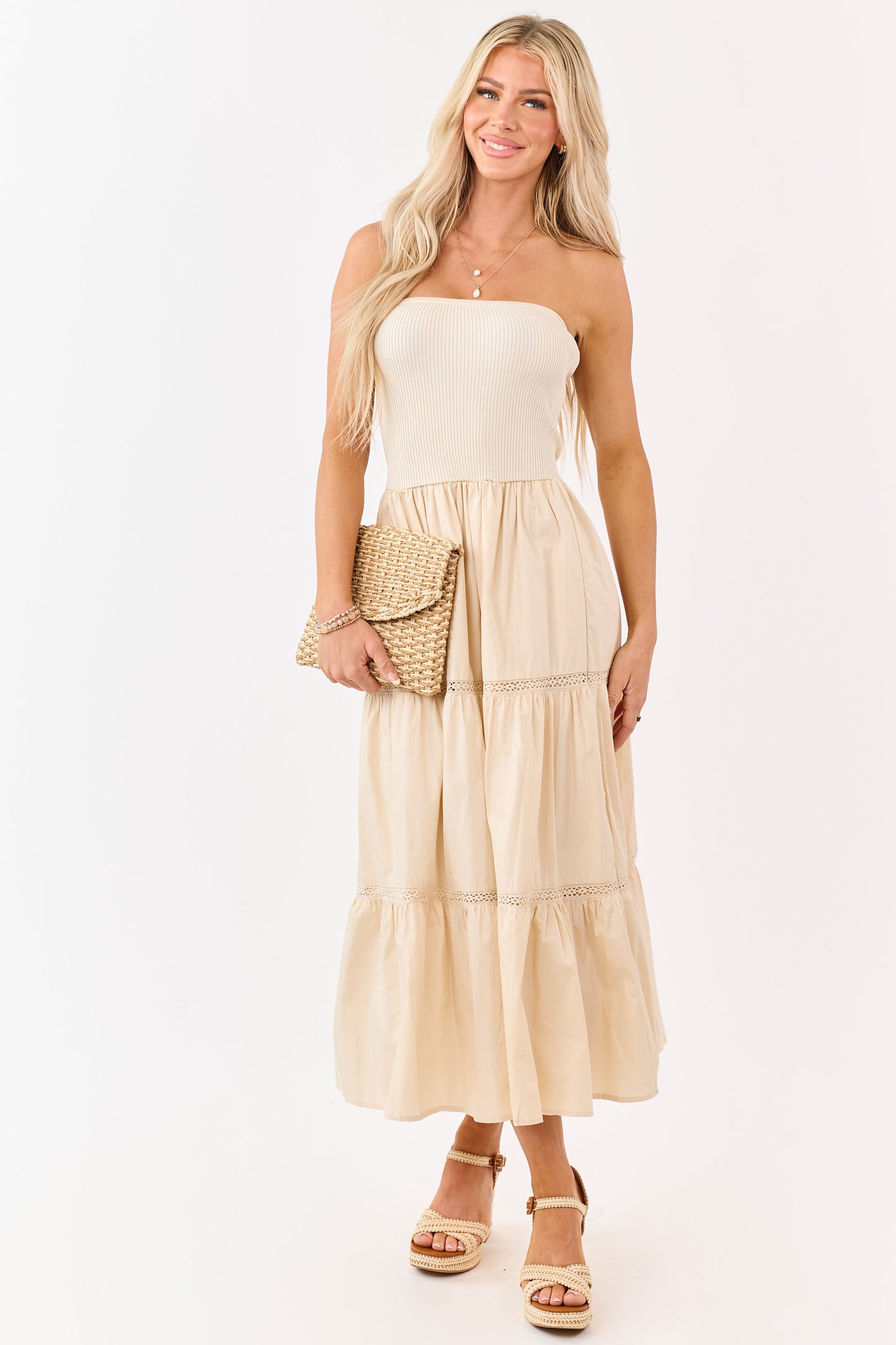 Desert Sand Rib Knit Bodice Tiered Midi Dress