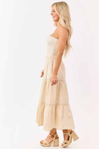 Desert Sand Rib Knit Bodice Tiered Midi Dress