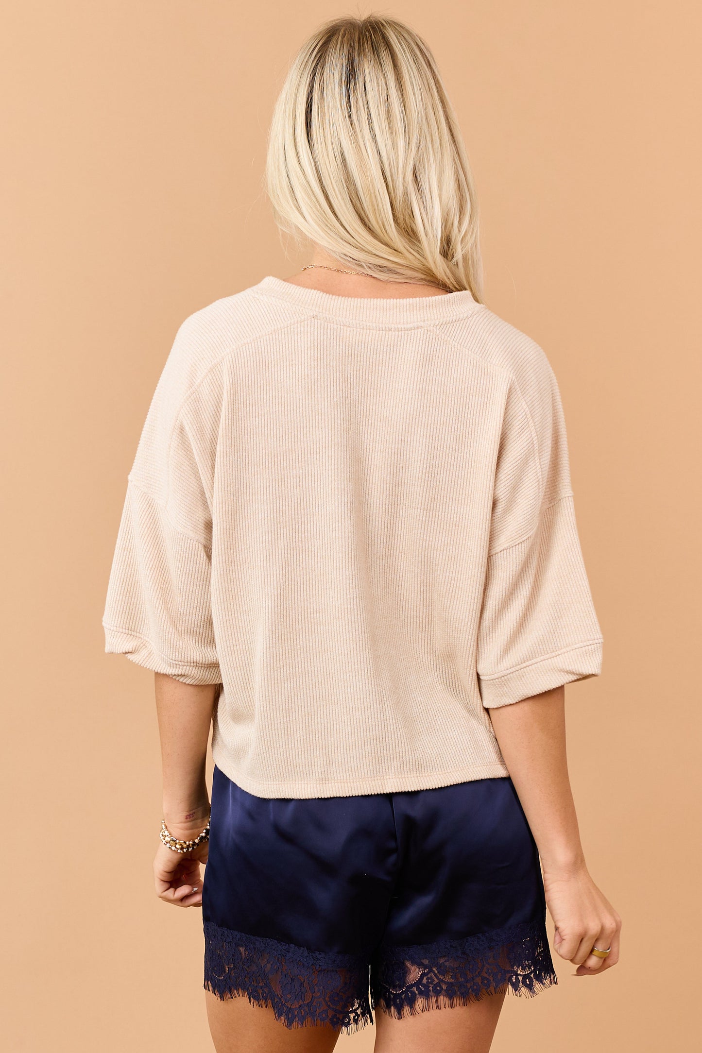 Desert Sand Rib Knit Button Down Half Sleeve Top