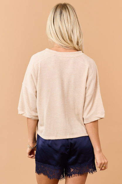 Desert Sand Rib Knit Button Down Half Sleeve Top