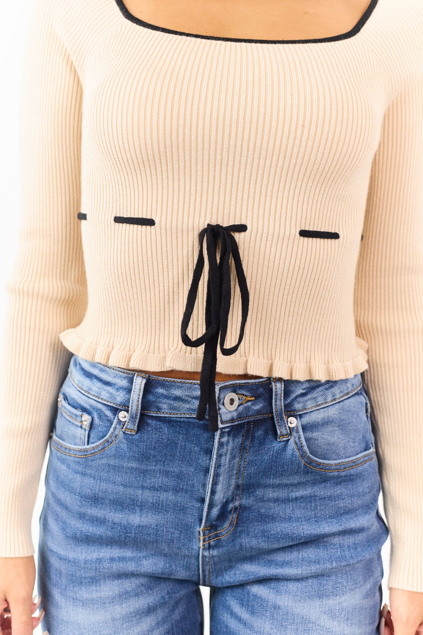 Desert Sand Square Neck Front Tie Knit Top