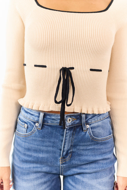 Desert Sand Square Neck Front Tie Knit Top