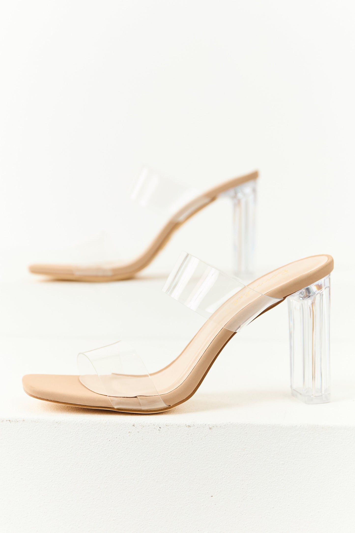 Desert Sand Square Toe Strappy Transparent Heels