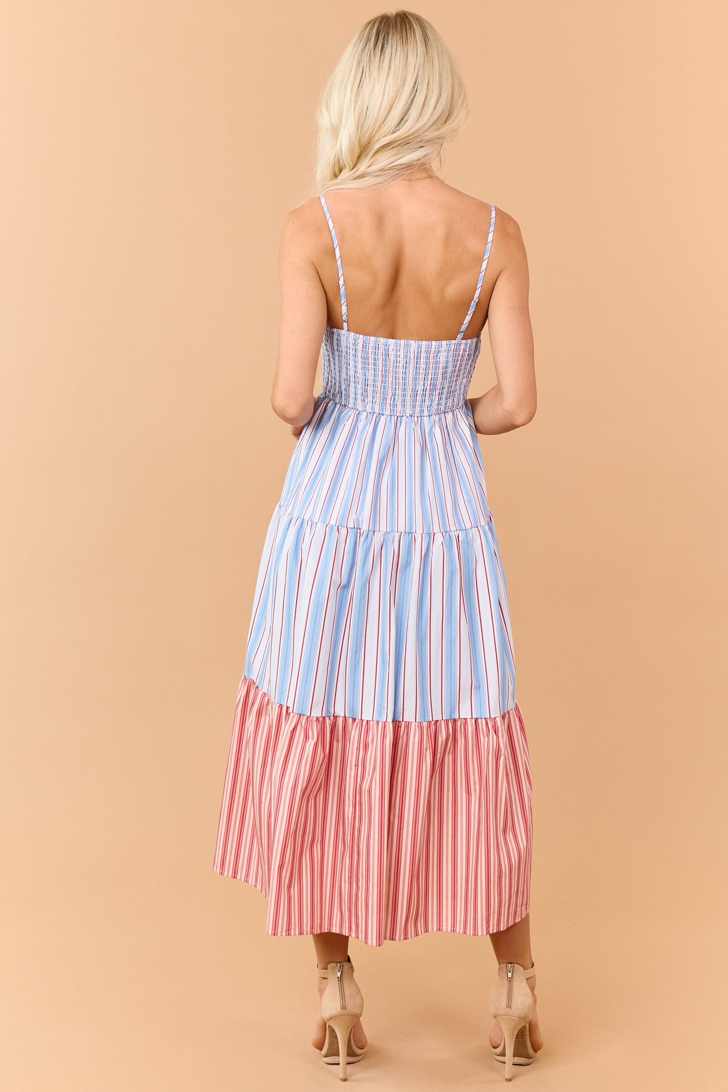 Dusty Blue Contrast Striped V Neck Cotton Midi Dress