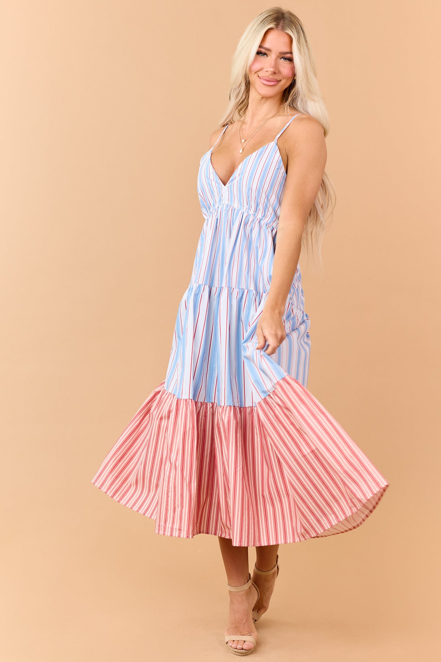 Dusty Blue Contrast Striped V Neck Cotton Midi Dress
