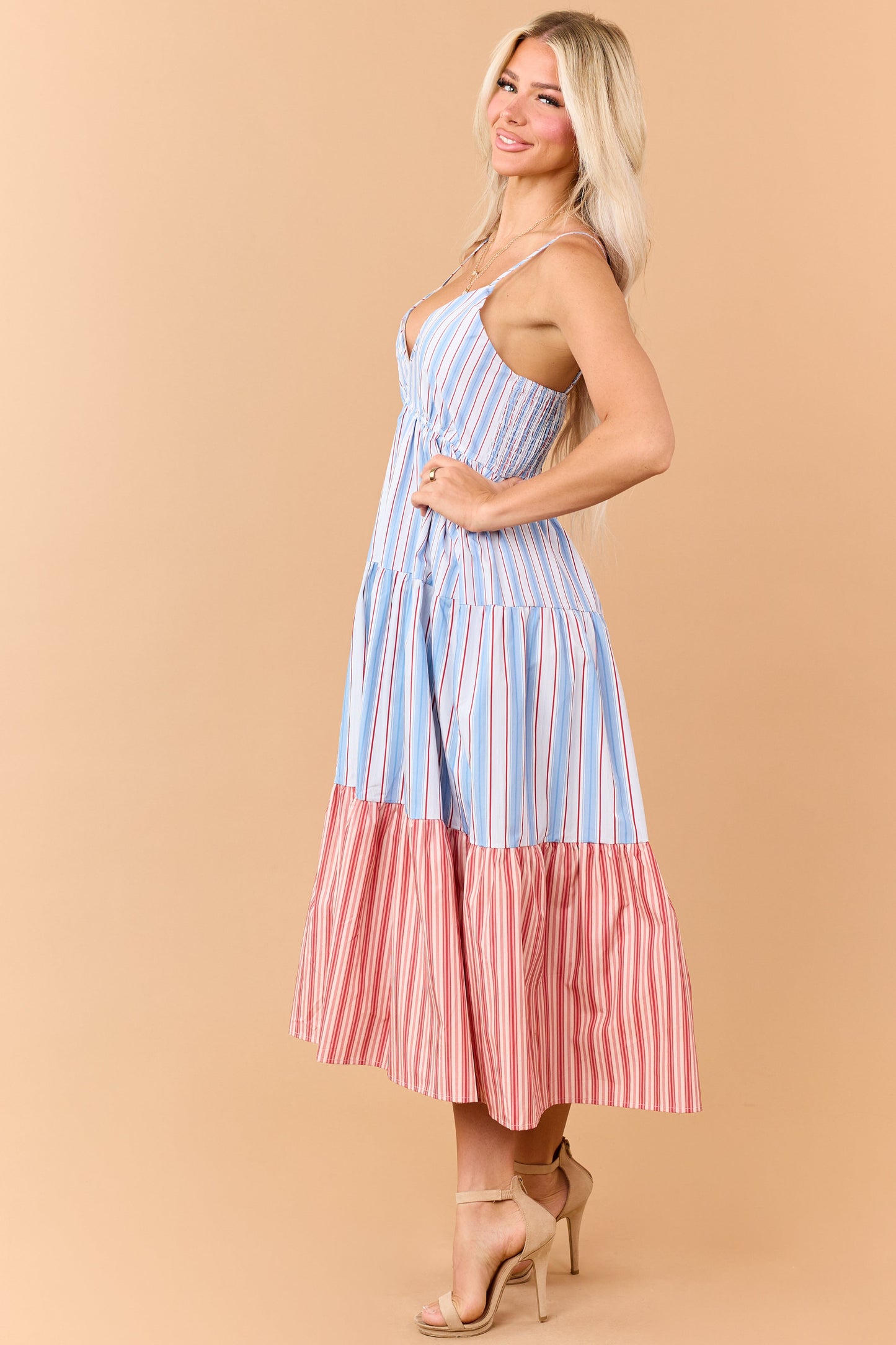 Dusty Blue Contrast Striped V Neck Cotton Midi Dress