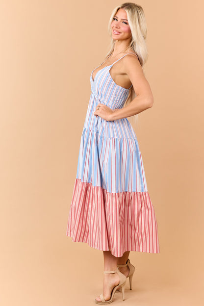 Dusty Blue Contrast Striped V Neck Cotton Midi Dress