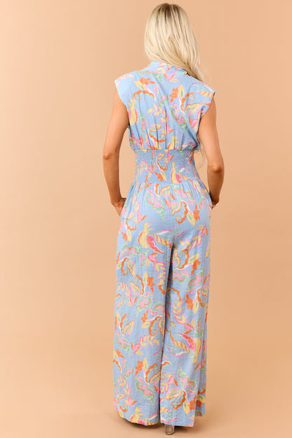 Dusty Blue Floral Zip Up Smocked Waist Jumpsuit