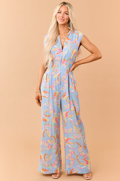 Dusty Blue Floral Zip Up Smocked Waist Jumpsuit