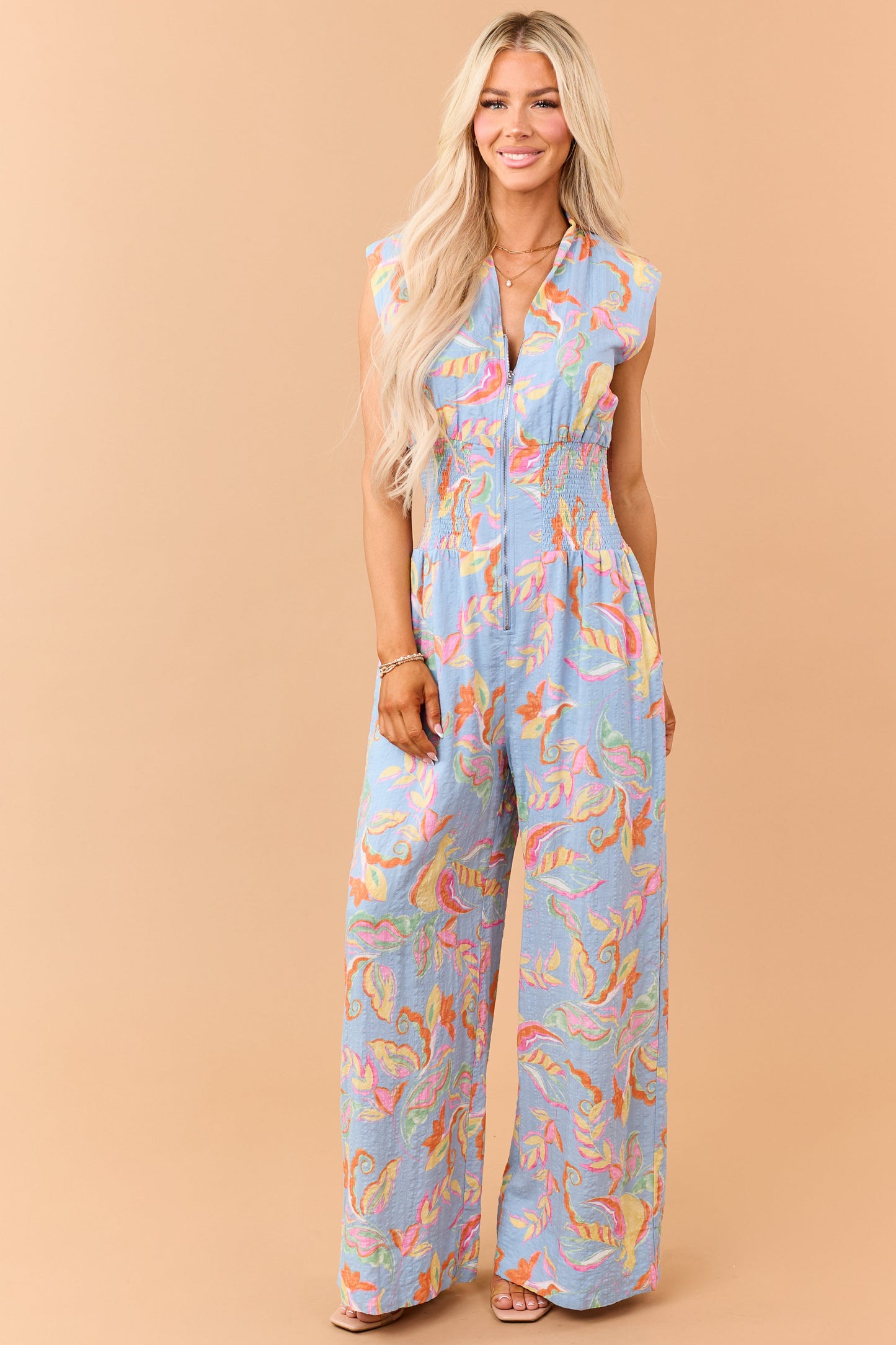 Dusty Blue Floral Zip Up Smocked Waist Jumpsuit