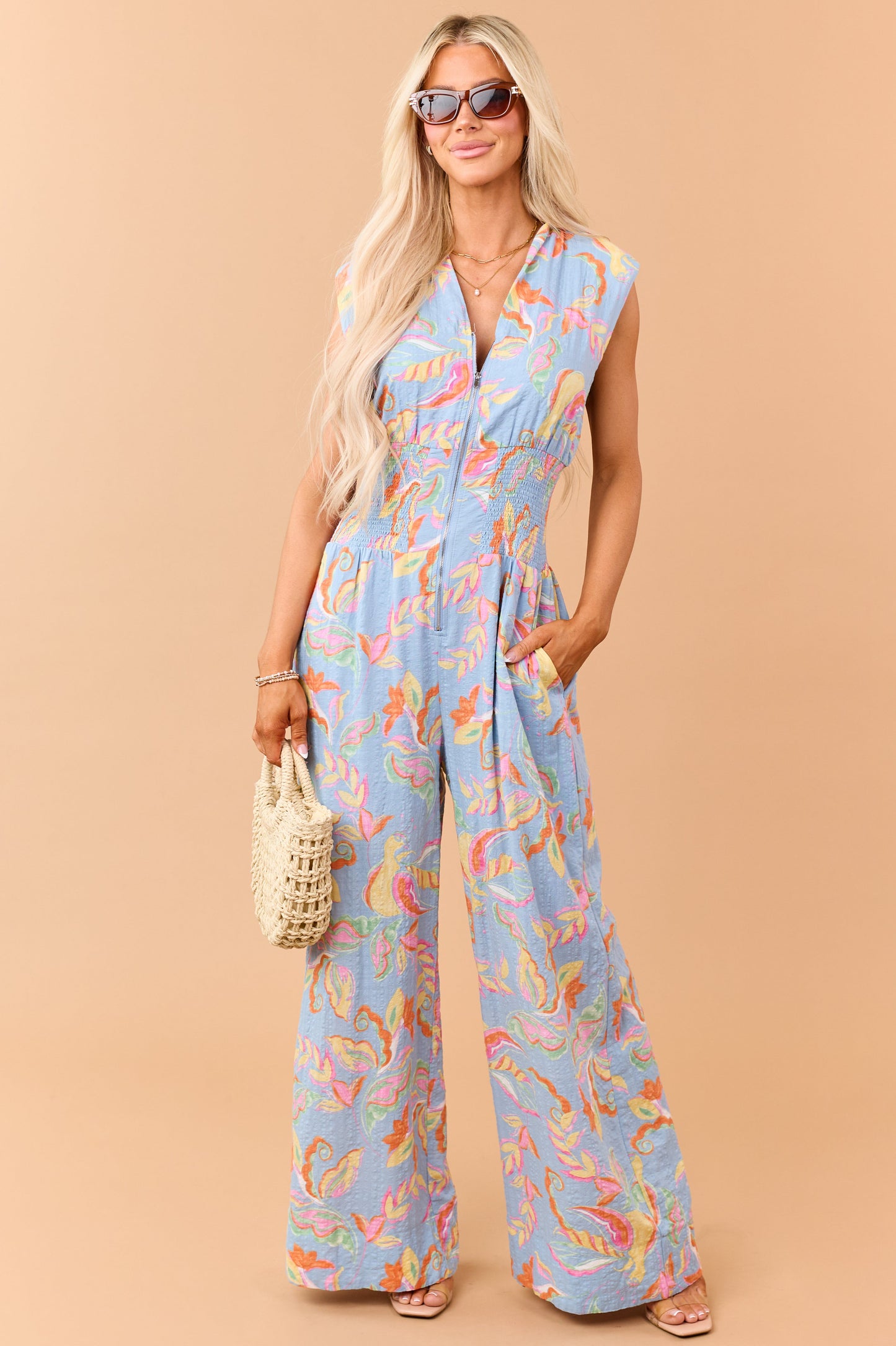 Dusty Blue Floral Zip Up Smocked Waist Jumpsuit