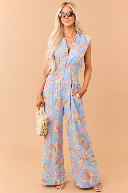 Dusty Blue Floral Zip Up Smocked Waist Jumpsuit