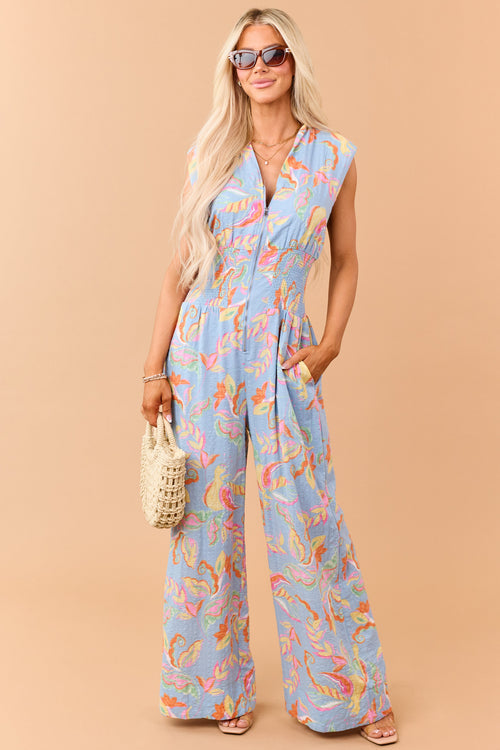 Dusty Blue Floral Zip Up Smocked Waist Jumpsuit