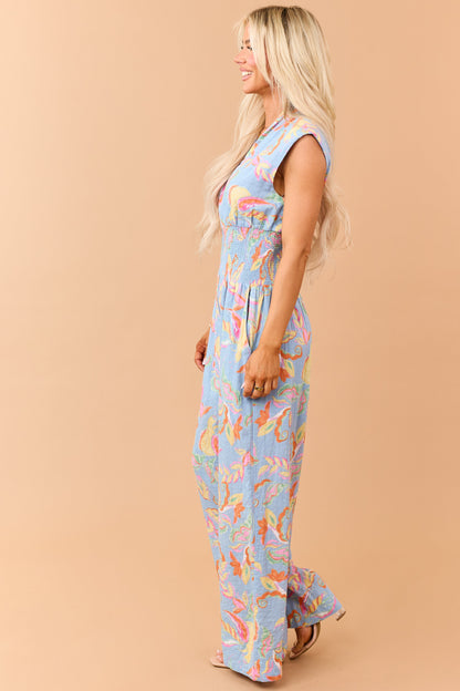 Dusty Blue Floral Zip Up Smocked Waist Jumpsuit