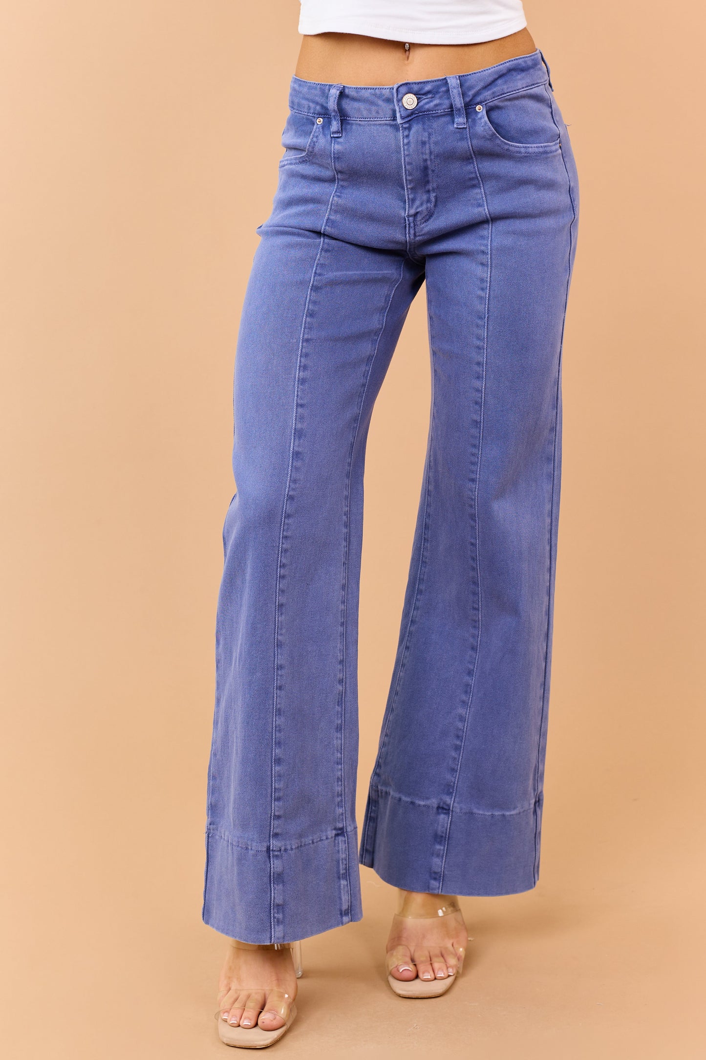 Dusty Blue Mid Rise Stretchy Wide Leg Jeans