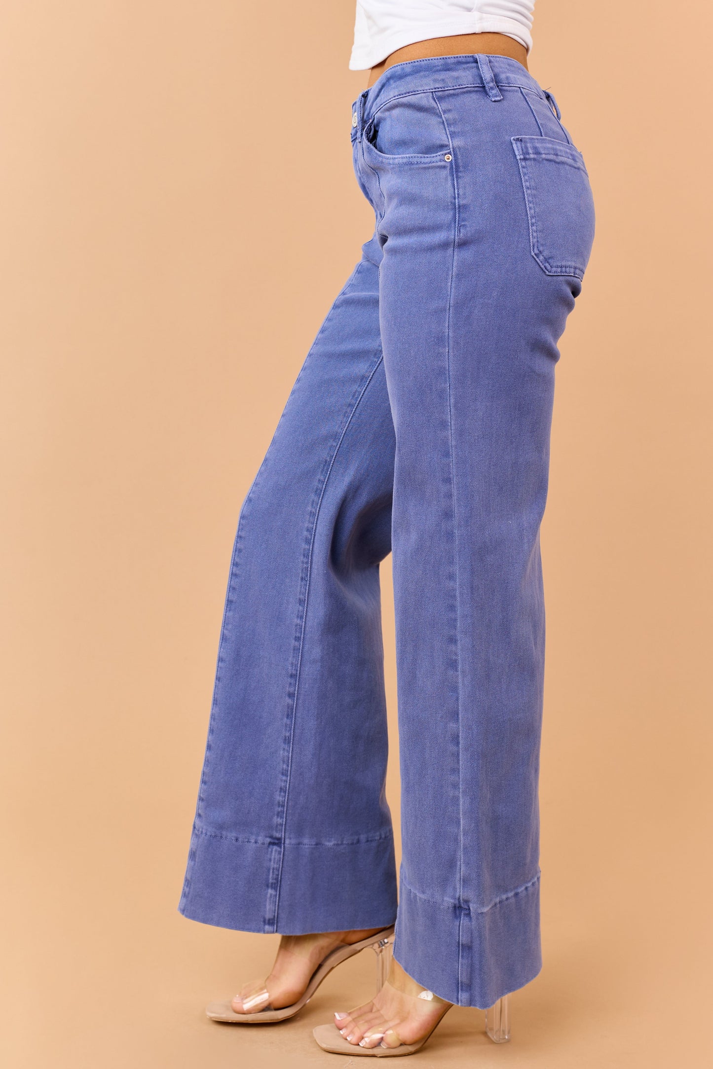 Dusty Blue Mid Rise Stretchy Wide Leg Jeans