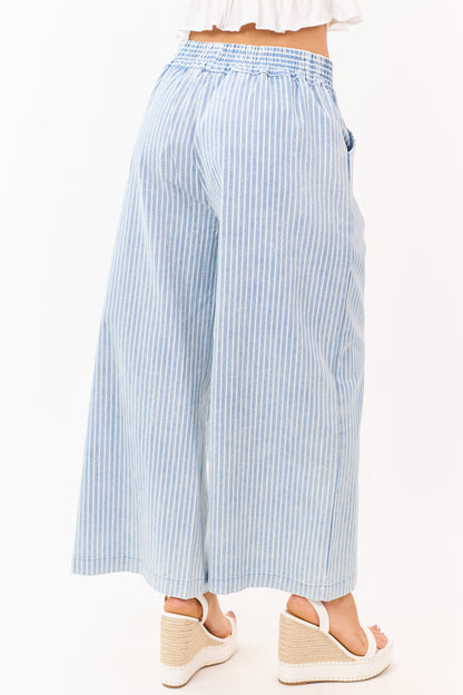 Dusty Blue Railroad Striped Elastic Waist Wide Pants