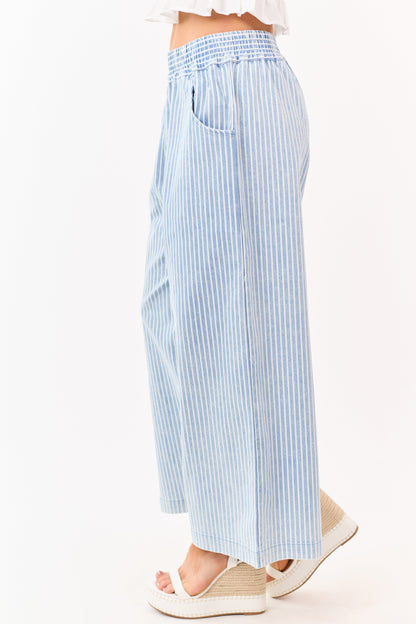 Dusty Blue Railroad Striped Elastic Waist Wide Pants