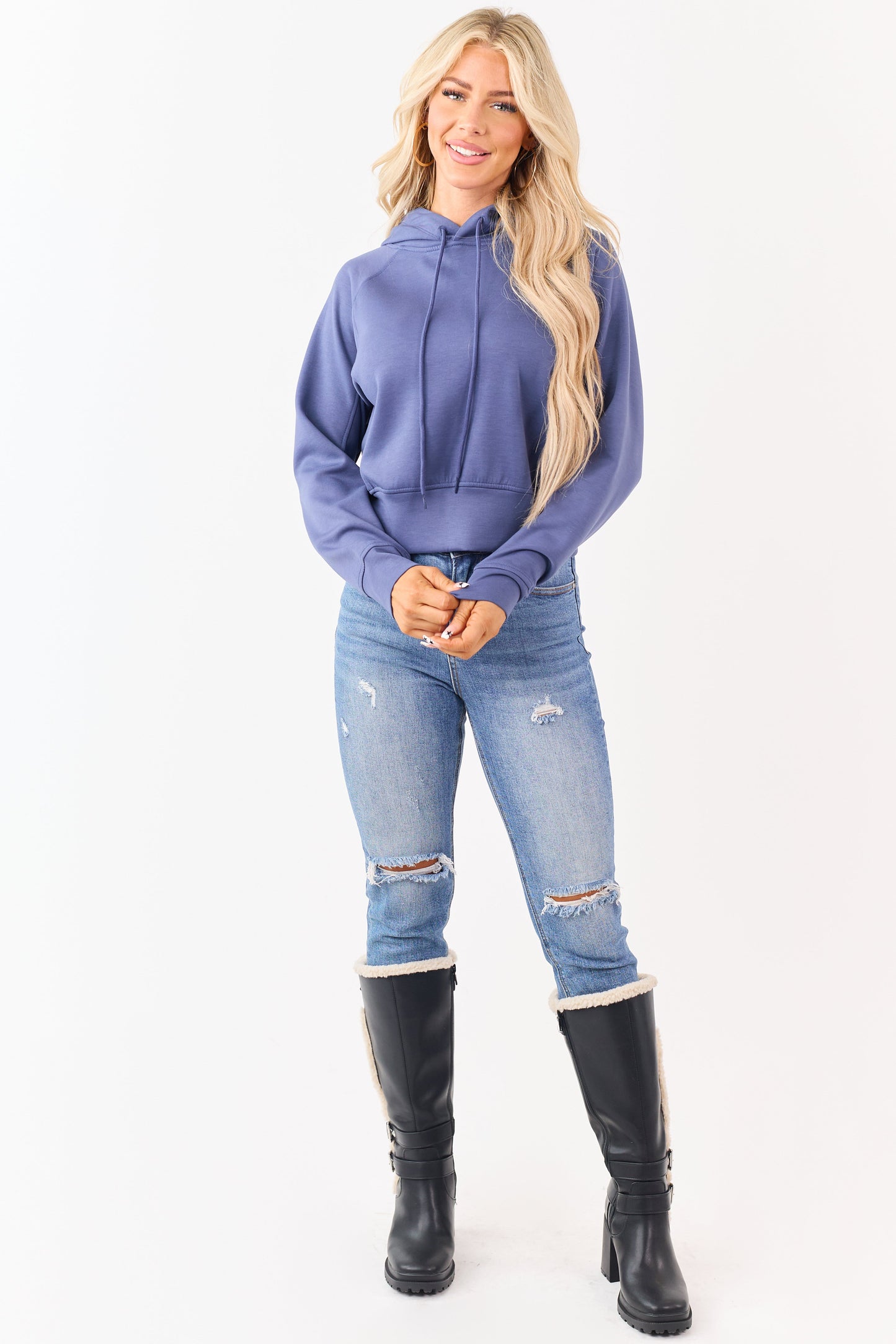 Dusty Blue Soft Scuba Knit Drawstring Hoodie