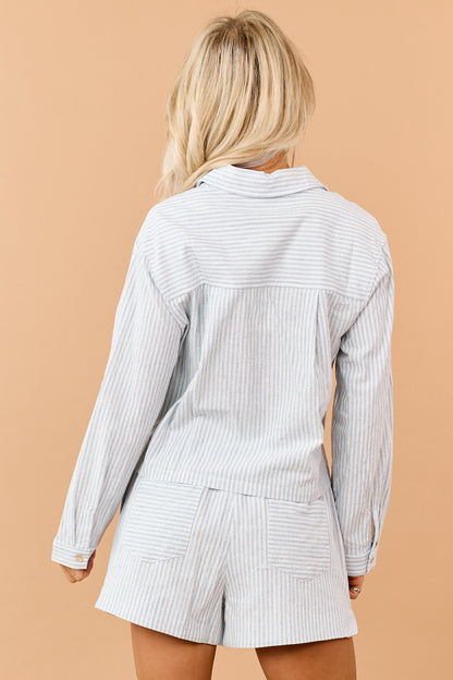 Dusty Blue Striped Linen Blend Button Up Top