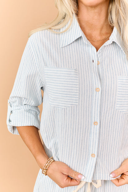 Dusty Blue Striped Linen Blend Button Up Top
