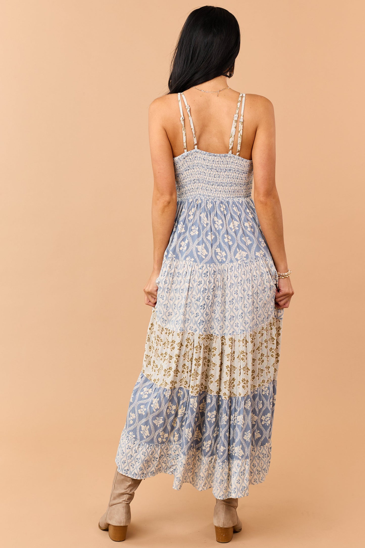 Dusty Blue Tiered Floral Print Lace Waist Maxi Dress