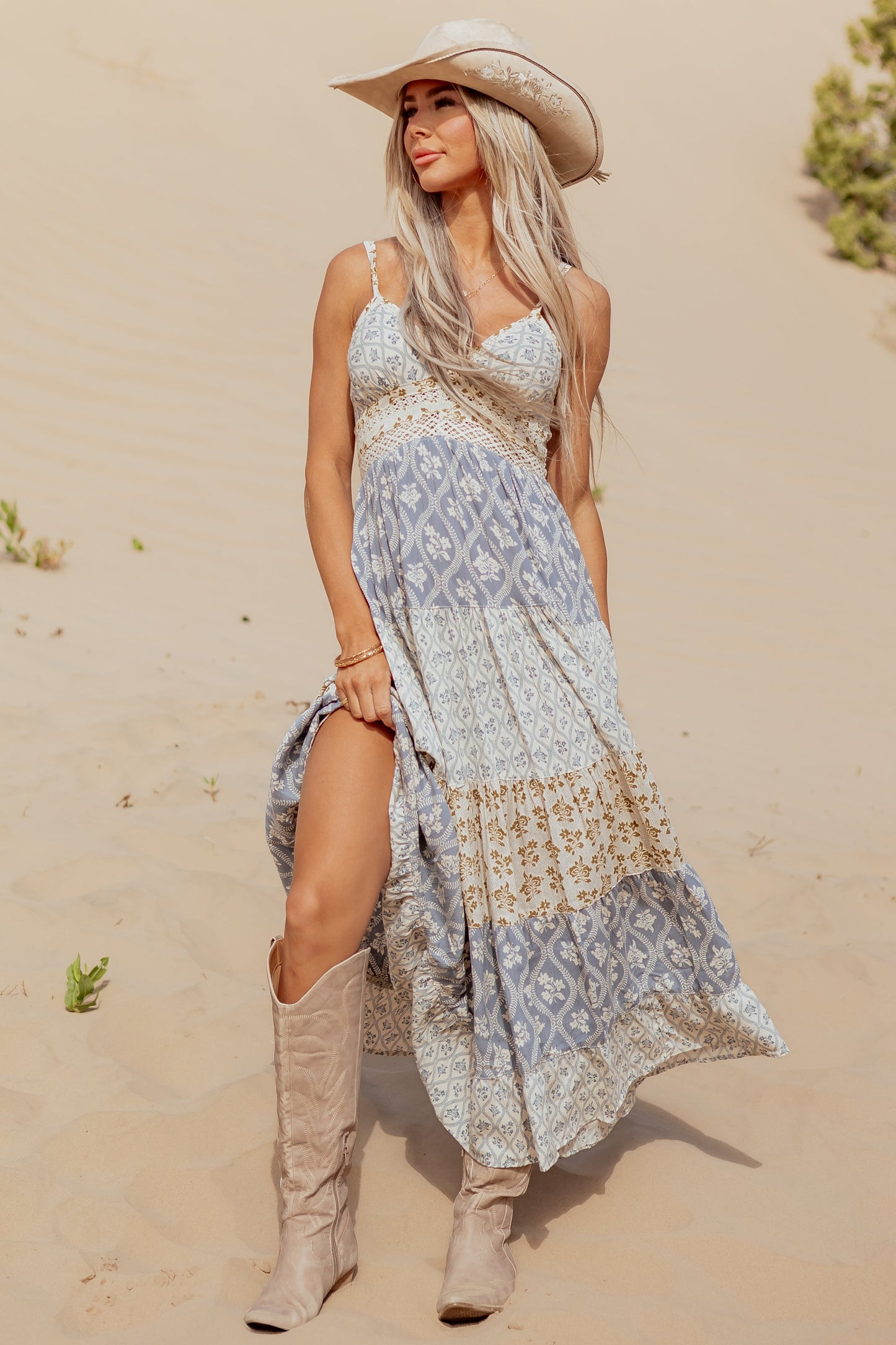 Dusty Blue Tiered Floral Print Lace Waist Maxi Dress