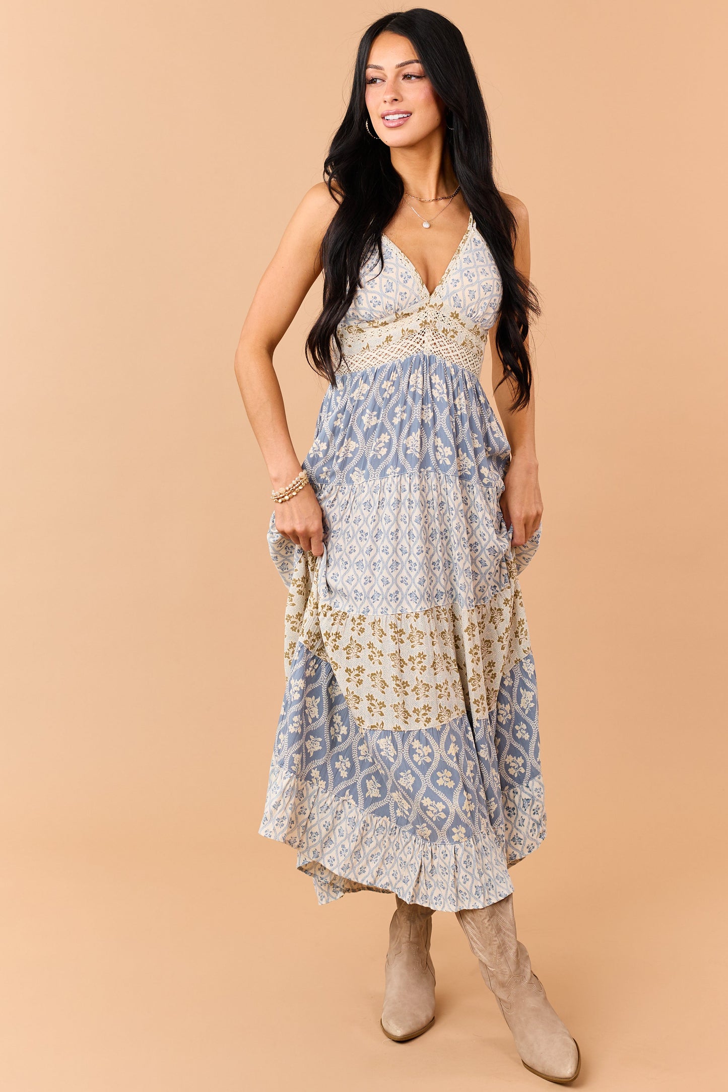 Dusty Blue Tiered Floral Print Lace Waist Maxi Dress