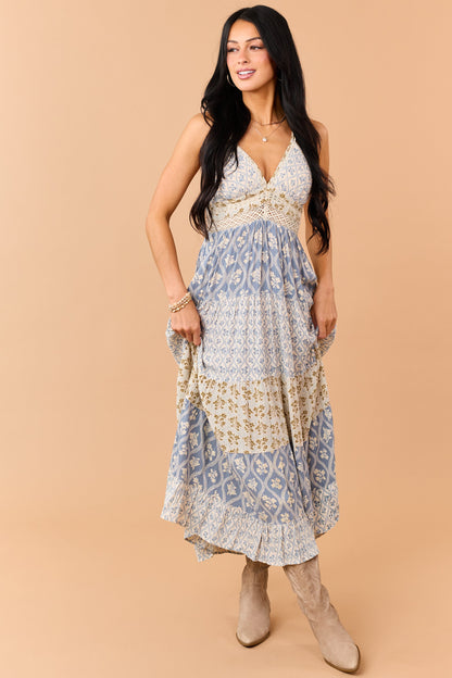 Dusty Blue Tiered Floral Print Lace Waist Maxi Dress