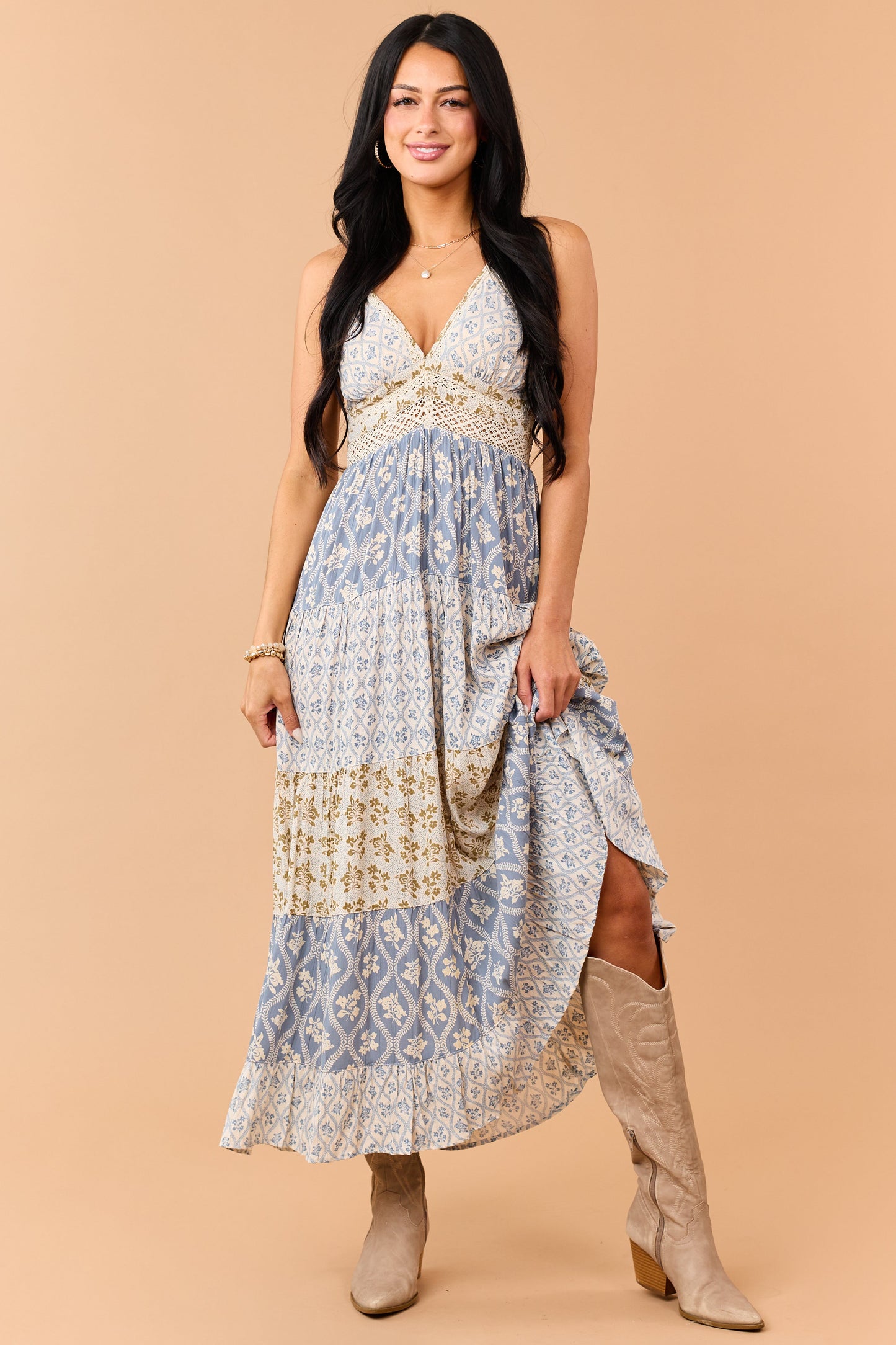 Dusty Blue Tiered Floral Print Lace Waist Maxi Dress