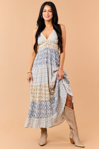 Dusty Blue Tiered Floral Print Lace Waist Maxi Dress