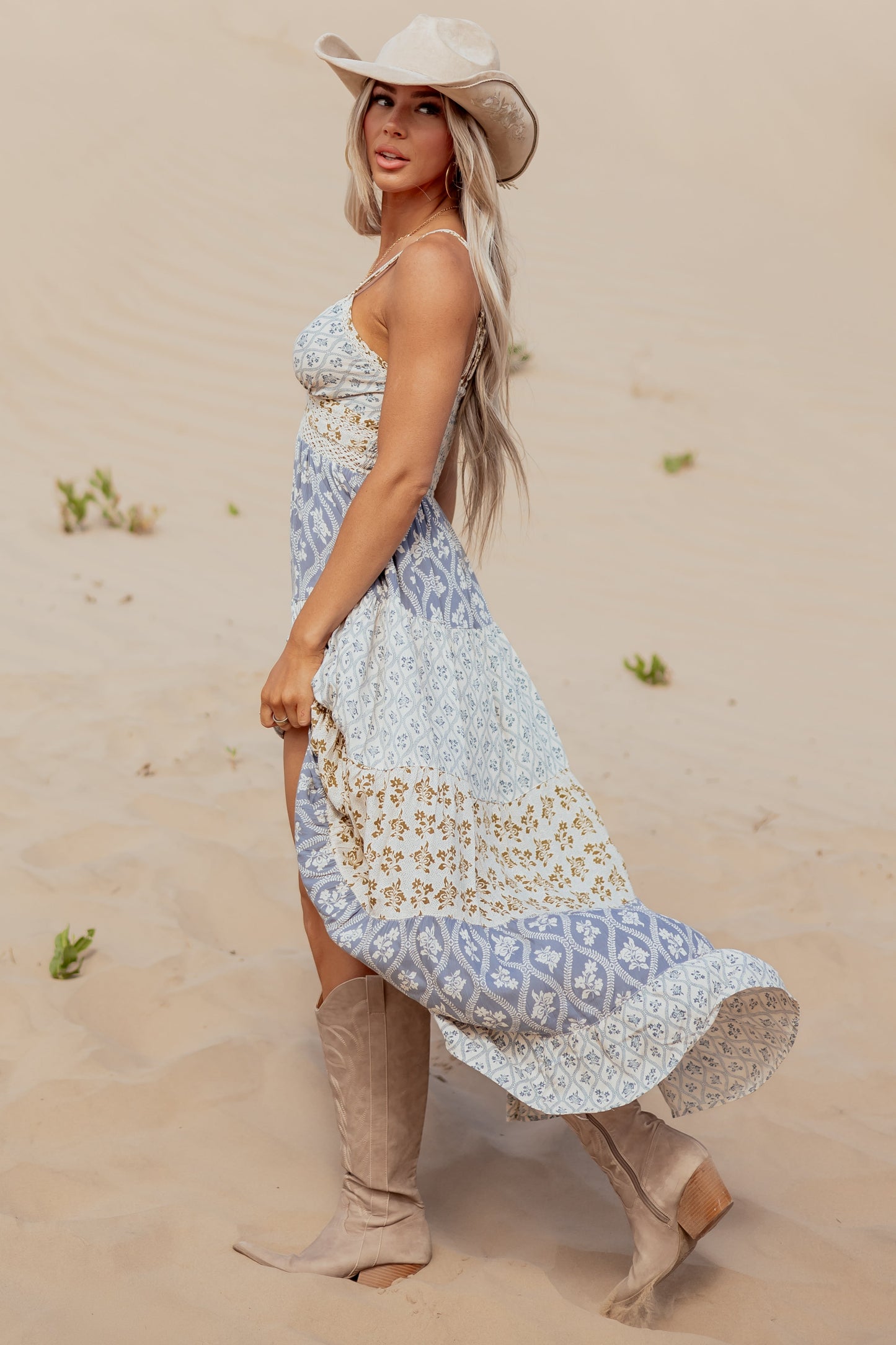 Dusty Blue Tiered Floral Print Lace Waist Maxi Dress