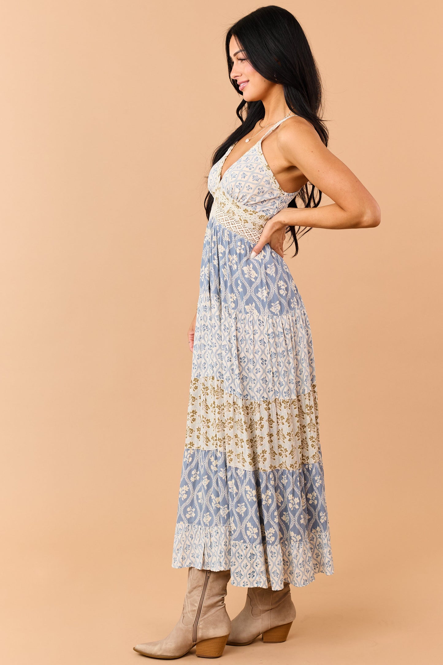 Dusty Blue Tiered Floral Print Lace Waist Maxi Dress